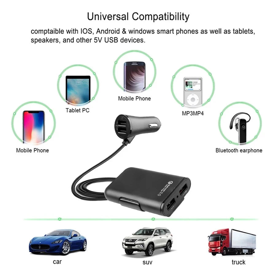 QC3.0 5.6 ft extension cable 4-port USB car charger for fast charging for iPhone 12 and Xiaomi mobile driving recorder