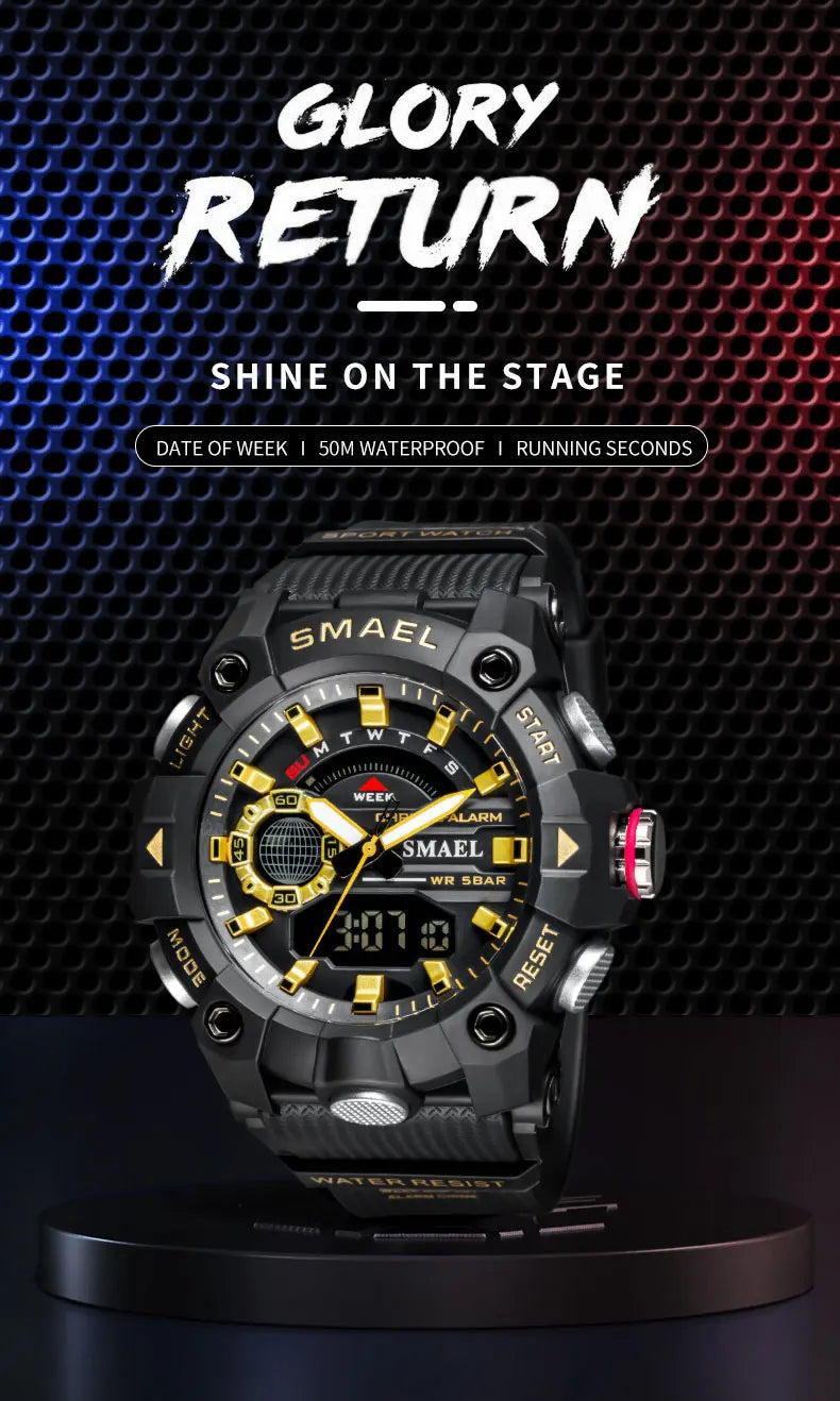 SMAEL Fashion Sport Watches Men Shock Resistant 50M Waterproof Wristwatch LED Alarm Stopwatch Clock Military 8040 Men Watch
