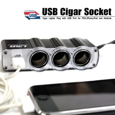 3in1 Triple Socket Car Cigarette Adapter Power Plug USB Port