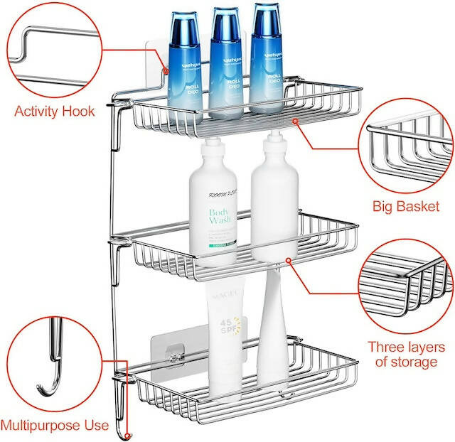 Metallic Hanging Bathroom Organizer, No Drilling, Shower Shelf for Hanging, Stainless Steel Shower Basket, Shower Rail with 3-Tier Basket, Foldable and Removable