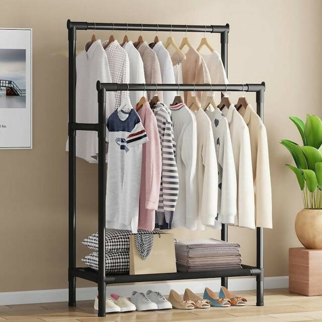 Double Pole Clothing Rack With Lower Storage Shelf for Boxes Shoes Cl NairoMarket