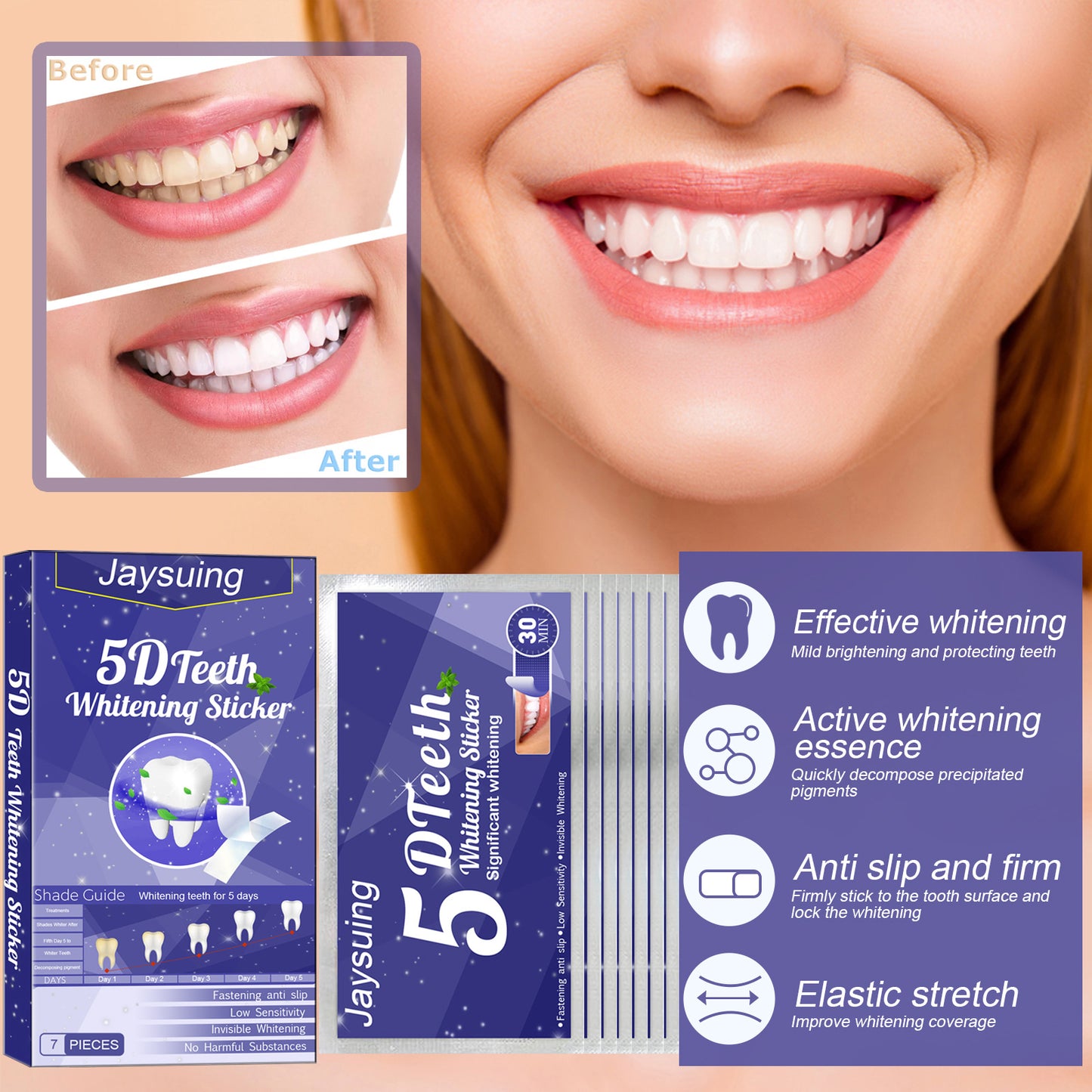 5D Whitening Teeth Stickers 7/14 Pairs Gel Whitening Strips Stain Removal Oral Hygiene Care Strip Dental Bleaching Tools Teeth