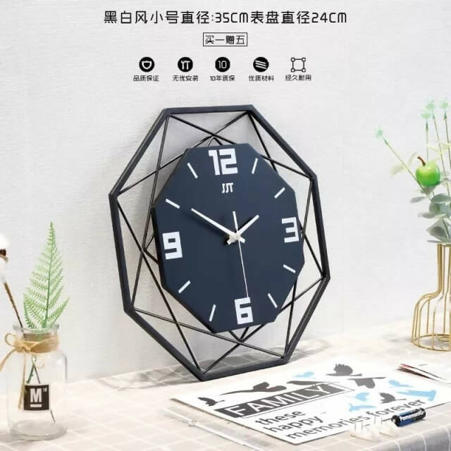 Luxury Wall Clock with 3 Hooks, No TickTok Sound, Free Extra Minute/Hour Hands