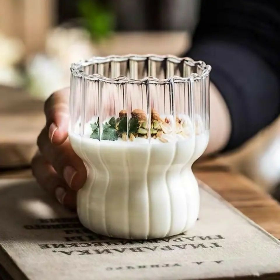 Glass Cup Cute Stripes Fat Cup Cream Cup Milk Coffee Breakfast Juice Mug High Temperature Resistant Glass Water Cup 300ml