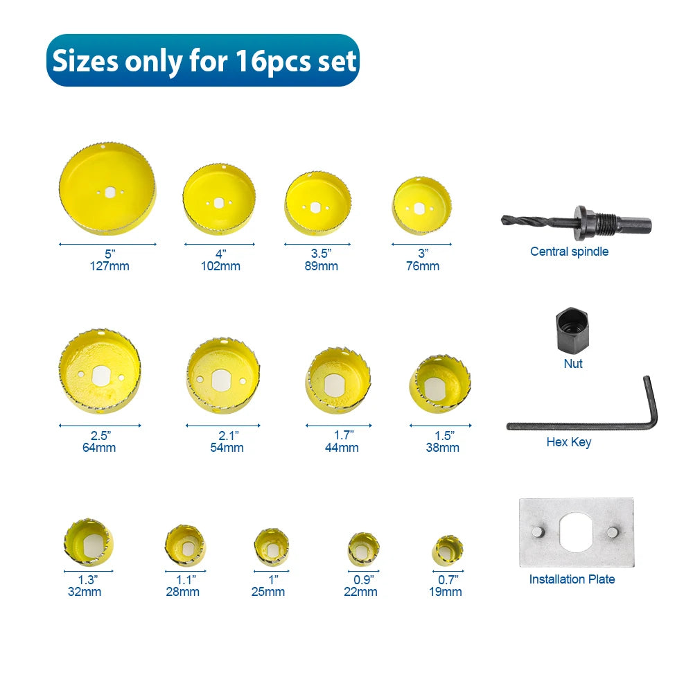 NINDEJIN 8/11/16pcs Hole Saw Kit #50 steel 19-127mm Hole Cutter Drill Bit Tool Hole Saw Set for Wood Plastic Wood Cutter