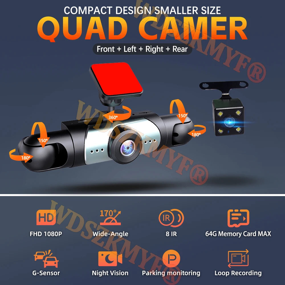360° Car Dash Cam 4 Channels Video Recorder 1080P Car DVR 3/4 lens Front inside Rear View Night Vision Camera Car Accessories
