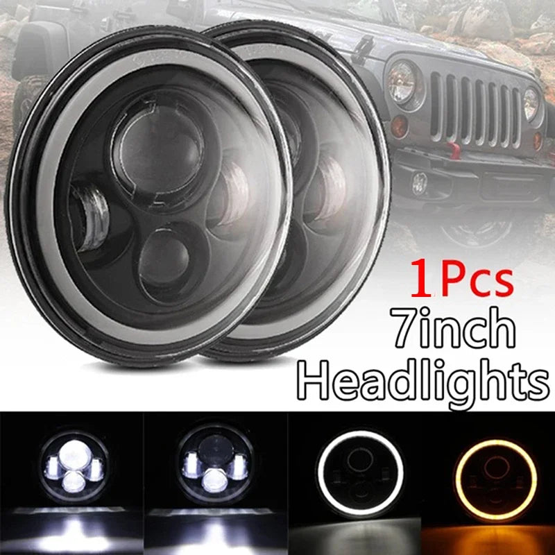 1Pcs 7 Inch Moto Car Led Headlight H4 Round Headlight with Amber Turn Signal For Jeep Wrangler JK TJ Headlamps