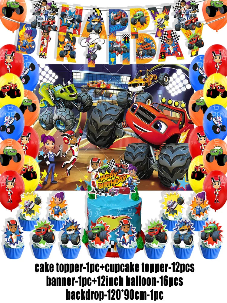 Blaze Monster Machines Theme Birthday Party Supplies Decor Cartoon Truck Balloon Banner Backdrops Cupcake Topper for Kids Gifts