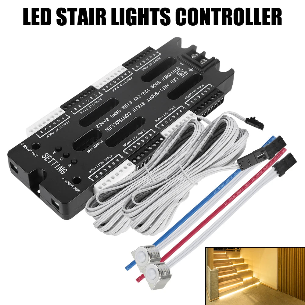 Stair Light Controller Kit 32 Channels LED Motion Sensor DC 12V 24V Adjustable Brightness For Stairs Flexible Strip