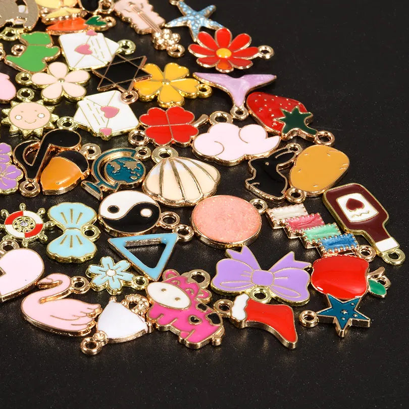 30/60/100pcs Random Mix Different Animal Moon Fruits Heart Drip Oil Pendant Jewelry Making Supplies Metal Alloy Handmade Earring