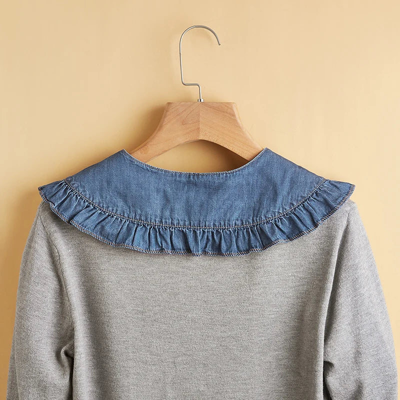 Women's Washed Denim Shawl Collar with Pleated Lace and Fashionable Fake Collar