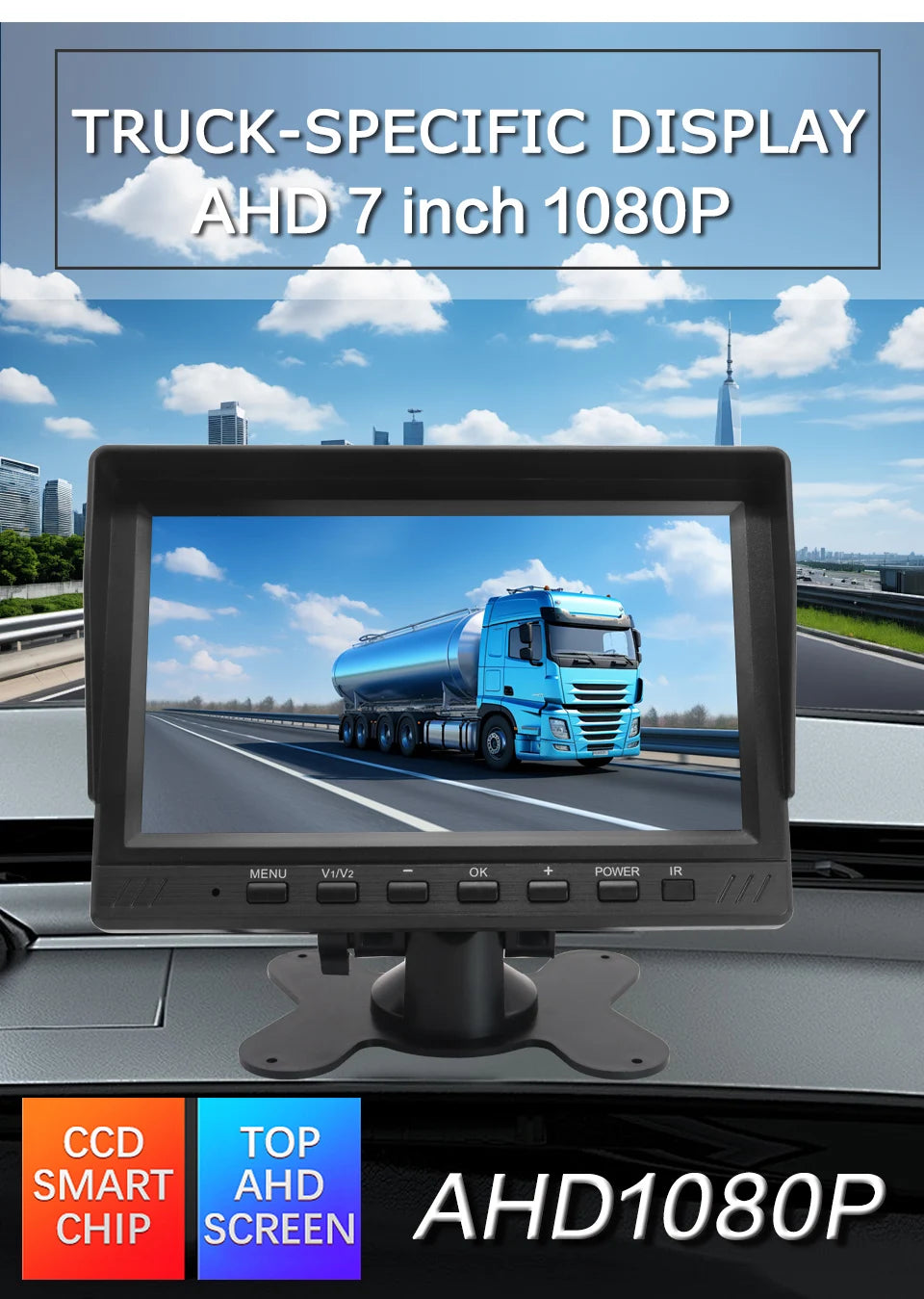 Smartour AHD 7inch TFT LCD Car HD Monitor Rear View Monitor Support CVBS 1080P AHD Camera 2 x 4PIN Video Input