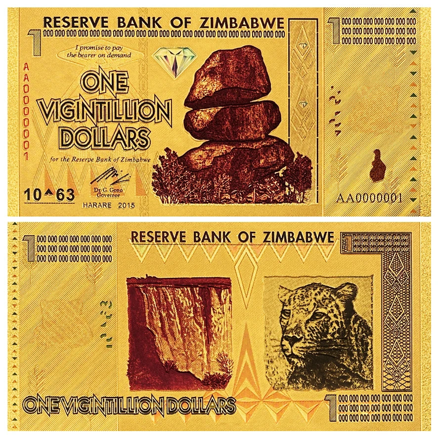 Zimbabwe One Vigintillion Dollars Gold Plated Banknote 24k Gold Banknote With UV Light  For Souvenir And Collection Gifts