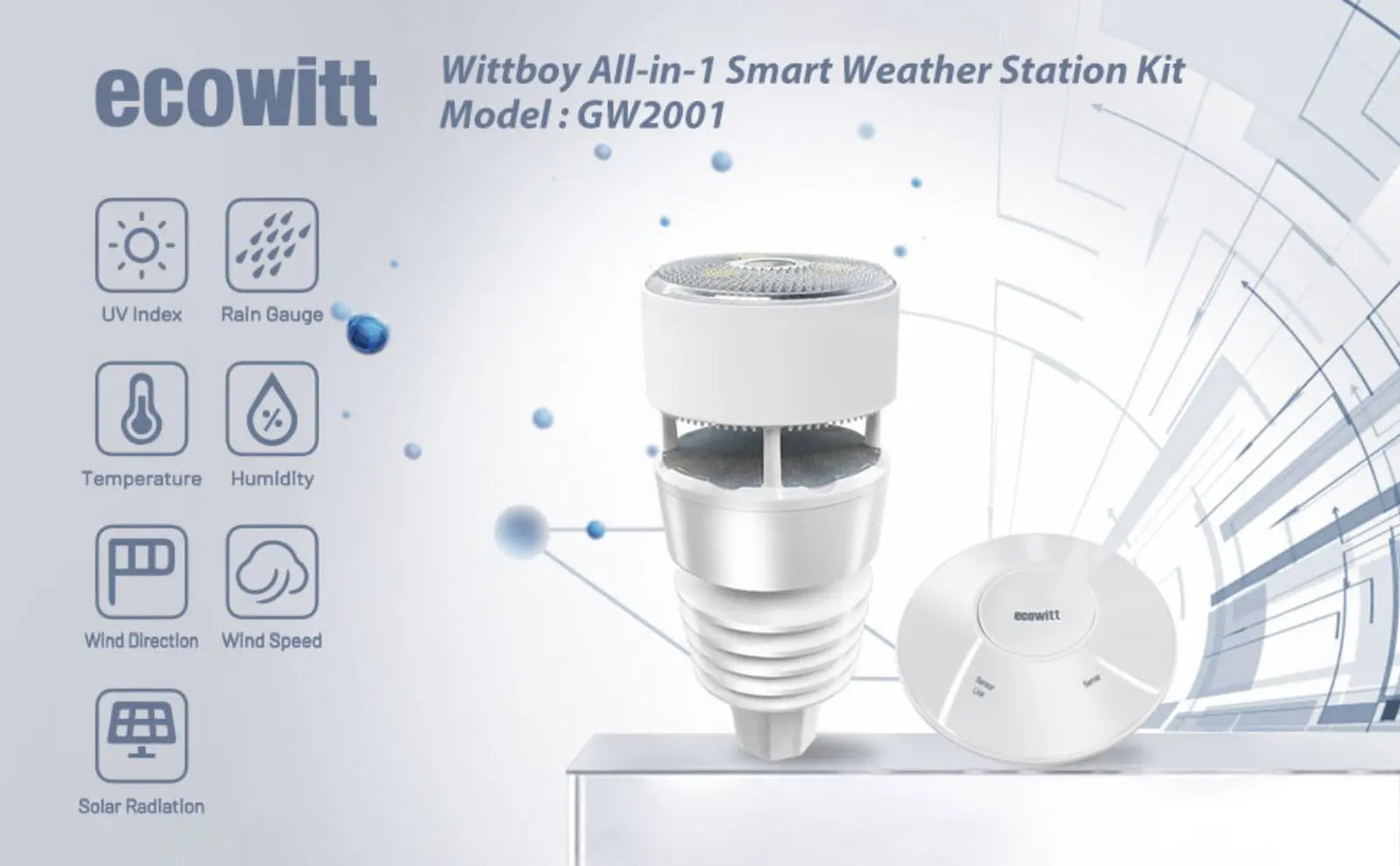 Ecowitt GW2001 Wittboy Weather Station, Includes GW2000 Wi-Fi Gateway and WS90 7-in-1 Outdoor Solar Powered Weather Sensor