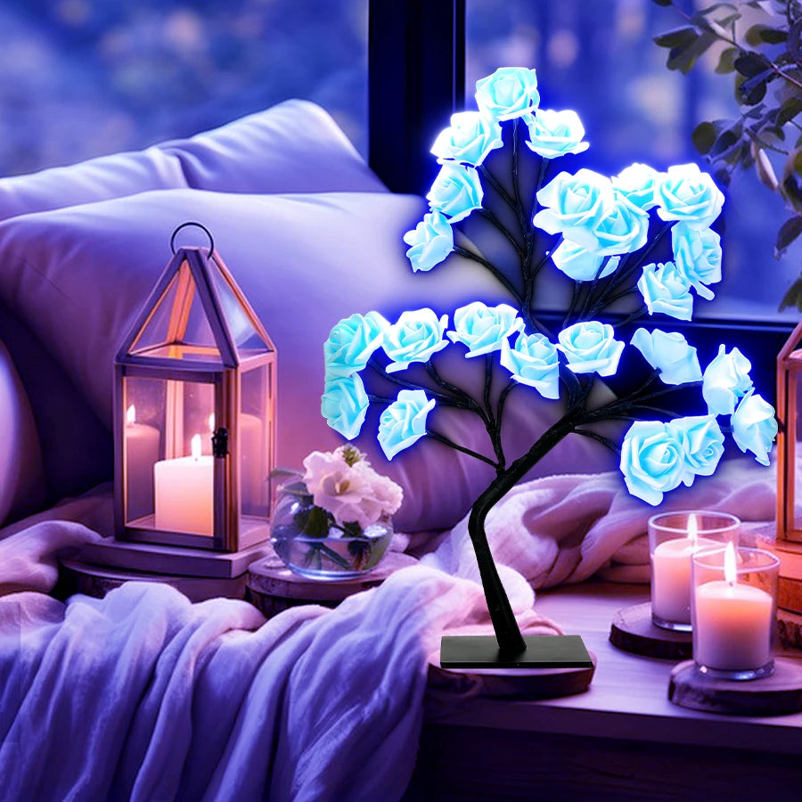 LED Rose Tree Desk Lamp USB Powered Artificial Flower Night Light Bedroom Living Room Party Wedding Valentine's Day Decoration