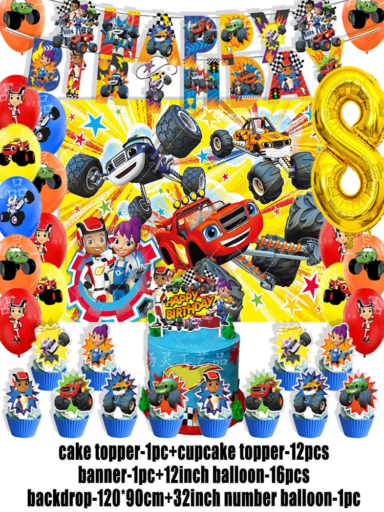 Blaze Monster Machines Theme Birthday Party Supplies Decor Cartoon Truck Balloon Banner Backdrops Cupcake Topper for Kids Gifts