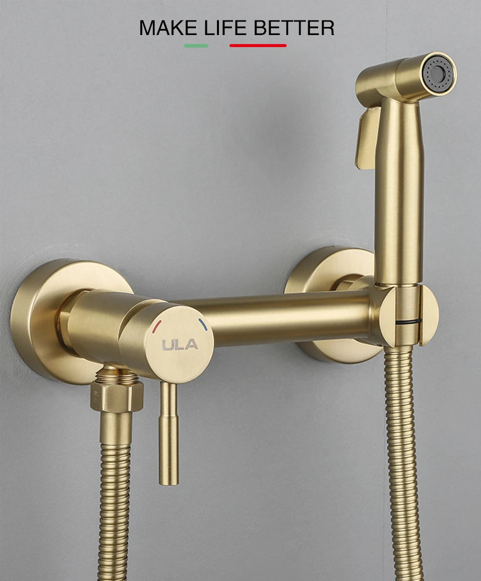 ULA Gold Bidet Faucet Toilet Faucet Stainless Steel Handheld Bidet Sprayer Set Cold Hot Water Mixer Crane Bathroom Shower Head