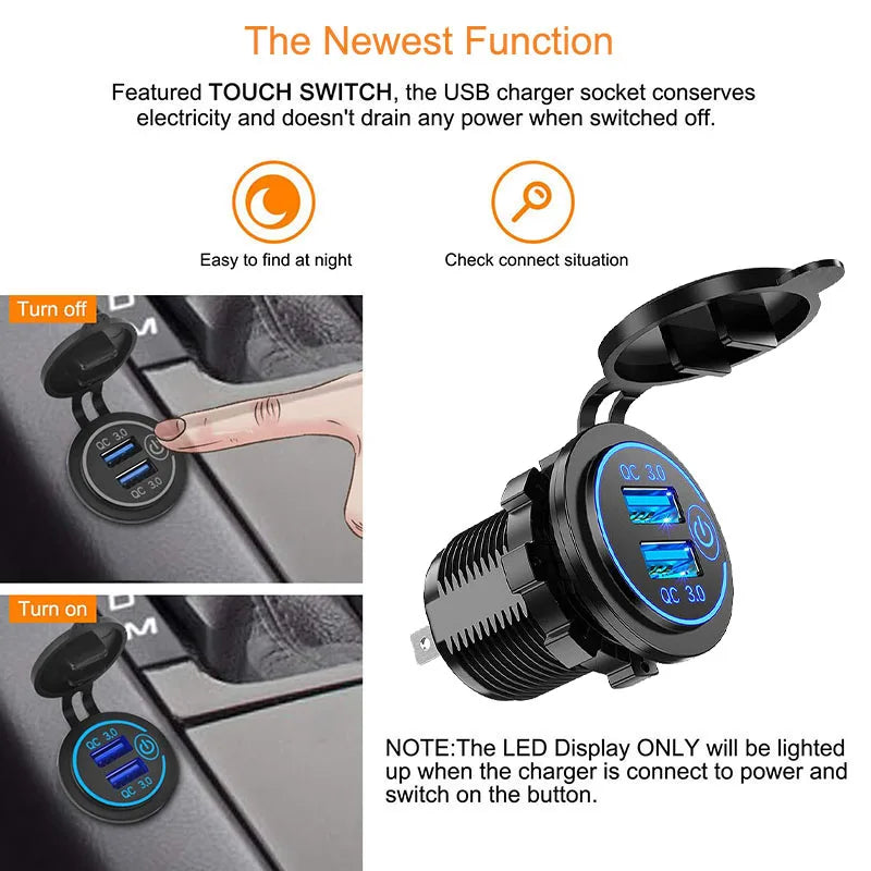 Dual USB Car Charger Waterproof 12V/24V QC3.0 USB Fast Charger Socket Power Outlet with Touch Switch