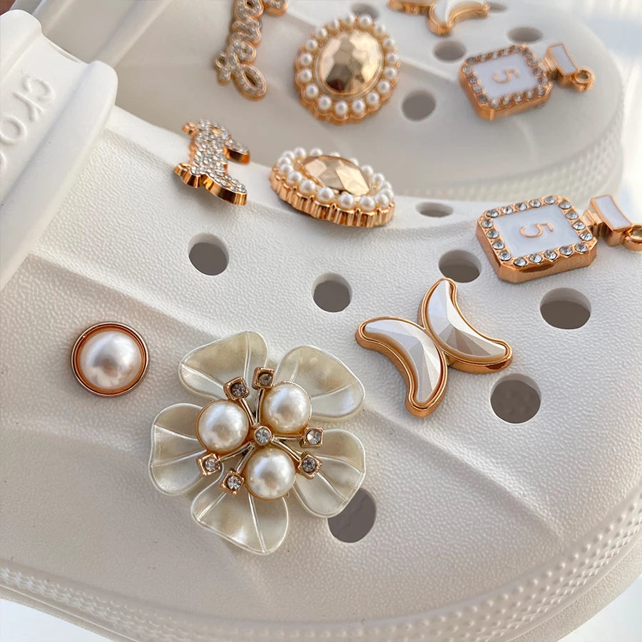 12pcs Gloden Shoe Charms 3D Flower Perfume Faux Pearl Shoe Buckle Decoration Suitable For Crocs Kids Party Gift