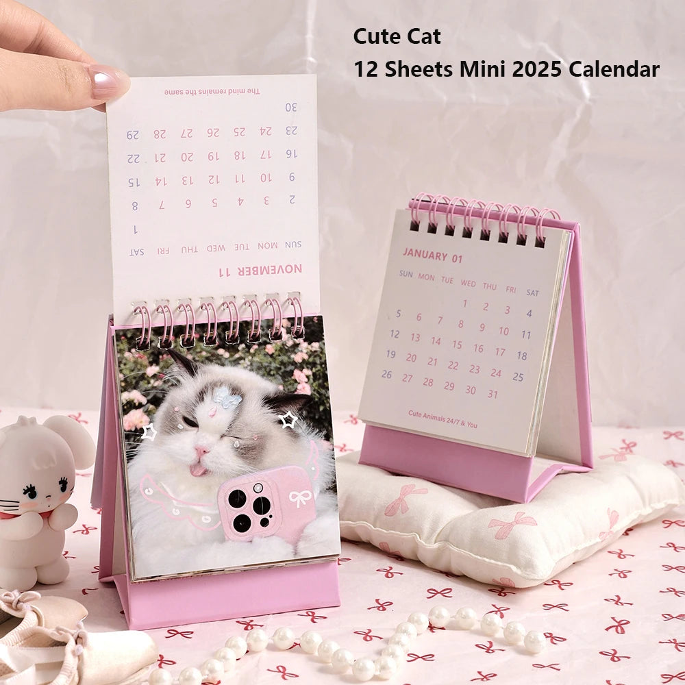 1 pc 2025 Mini Cute Monthly Calendar 12 Months Of Different Photos Tabletop Flip Schedule Calendar With Stickers For Home School