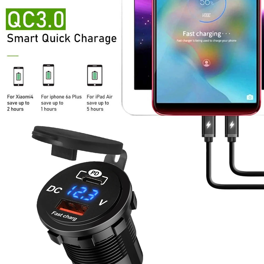 60W PD QC3.0 Car Charger Socket with Voltage Meter Quick Charge 3.0 Socket Power Outlet for 12V/24V Motorcycle Truck Boat