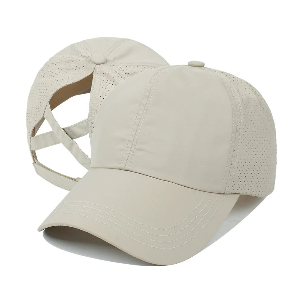 Summer Solid Color Baseball Cap Women's Athleisure Cross Ponytail Hat Mesh Quick-Drying Cap Visor Hat