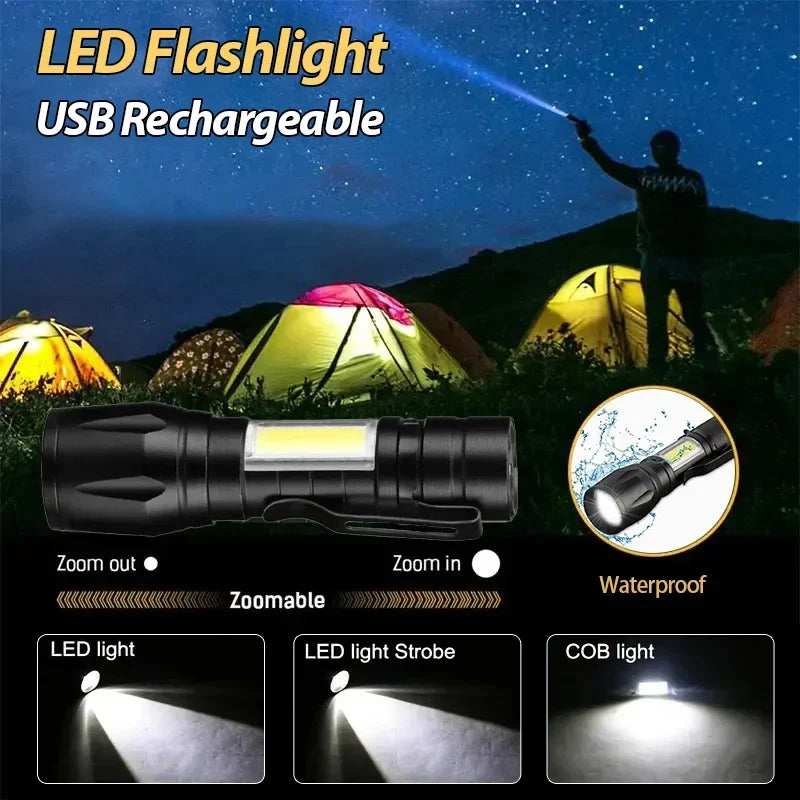 LED Flashlight Rechargeable USB Torch Pocket Flash Light COB Side Searchlight High Lumens Zoom Emergency Light with Pen Clip