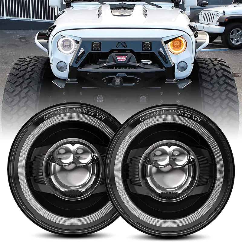 Car 7" Headlight for Land Rover Defender 90 110 Round LED Headlights DRL With Yellow Signal Light for Lada Niva 4X4 Jeep JK LJ