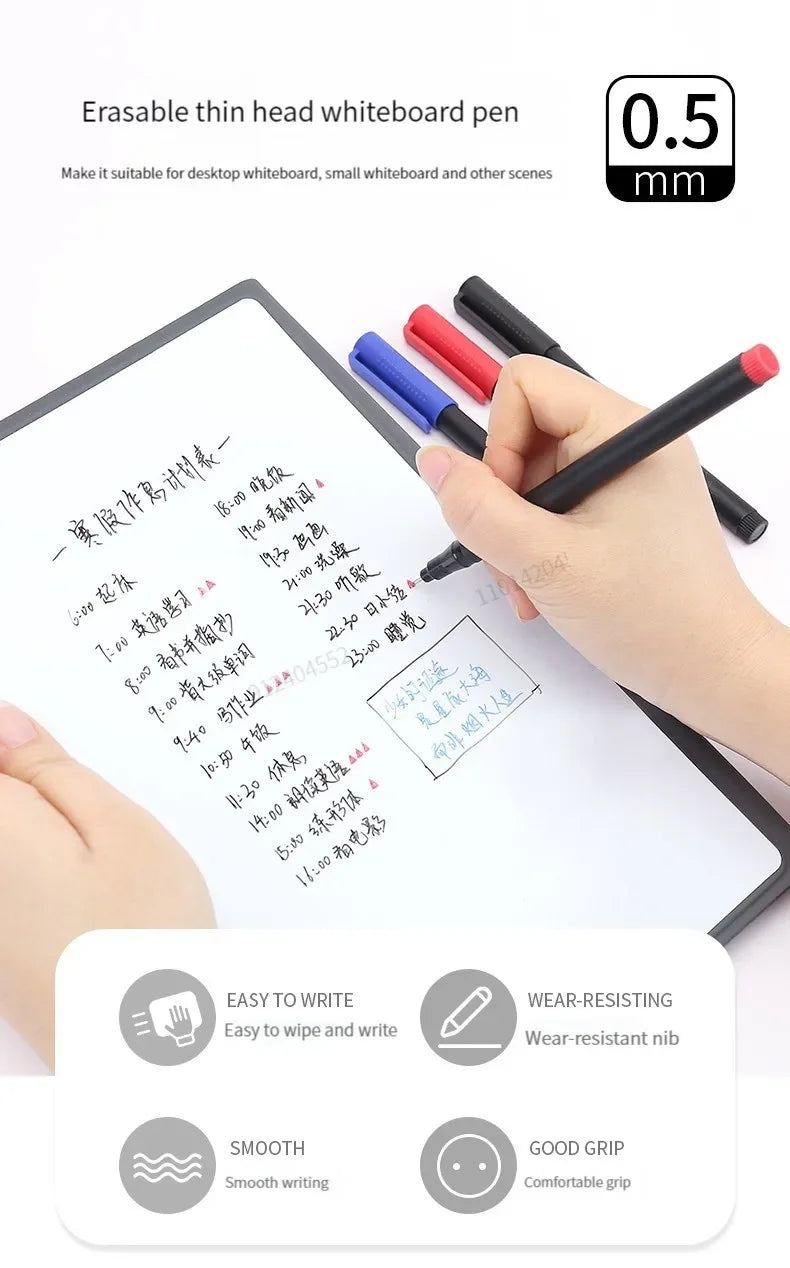 8pcs Erasable Whiteboard Pen 0.5mm Fine Point Black/Blue/Red Ink Blackboard Marker School Office Art Writing Stationery