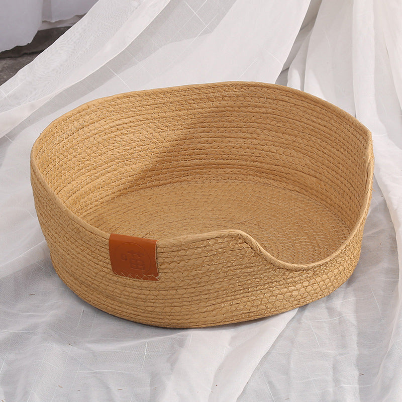 Woven Rattan Cat Basket Nesting Bed All-Season Cozy Kitten Lounger Cushion Scratching Board Detachable 2 in1 Cats Beds House