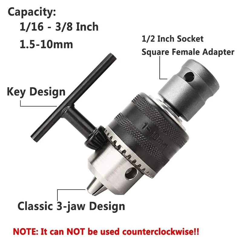 1.5-10mm 1/16 Inch - 3/8 Inch Capacity Key Drill Chuck Wrench Converter 1/2 Inch Socket Square Female Adapter Industrial Tools