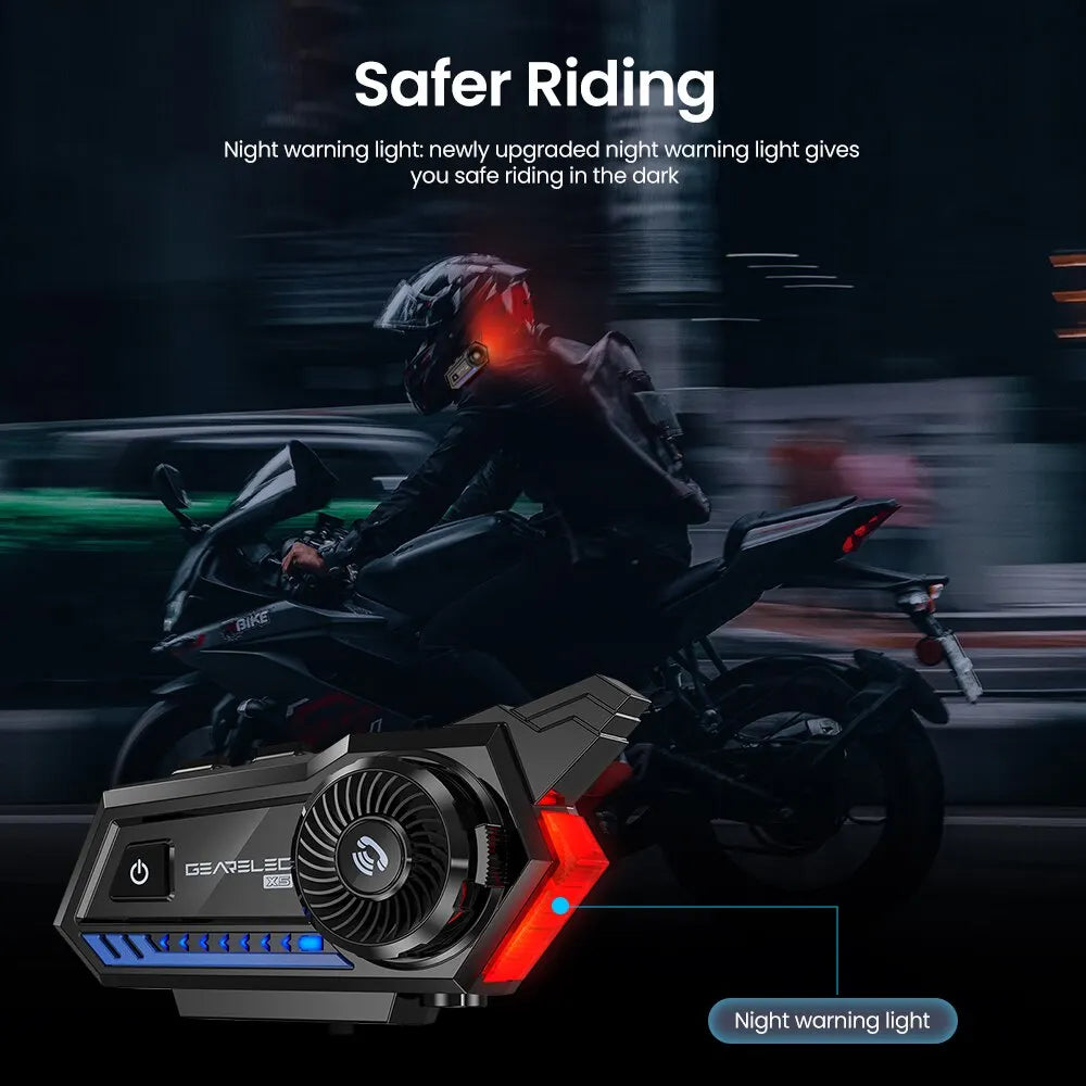 GEARELEC X5 Motorcycle Helmet Headset BT 5.2 Waterproof Wireless Headphones Voice Control Roise Reduction FM Radio Warning Light