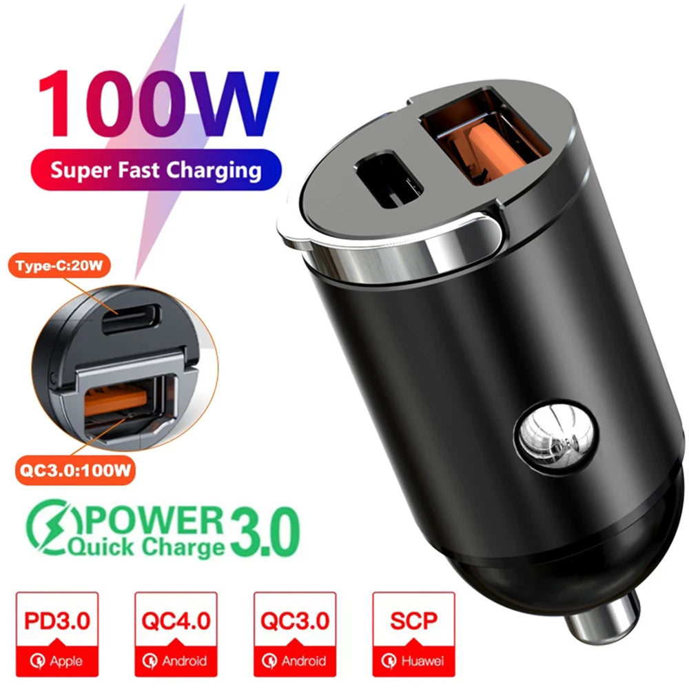Mini 200W PD QC Pull Ring Fast Charging Car Charger USB C Car Phone Charger Adapter For iPhone 13 12 Xiaomi Samsung Huawei