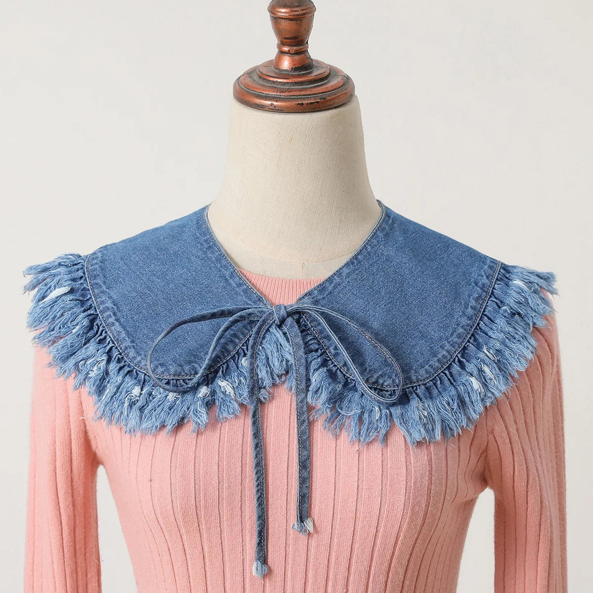Women's Washed Denim Shawl Collar with Pleated Lace and Fashionable Fake Collar