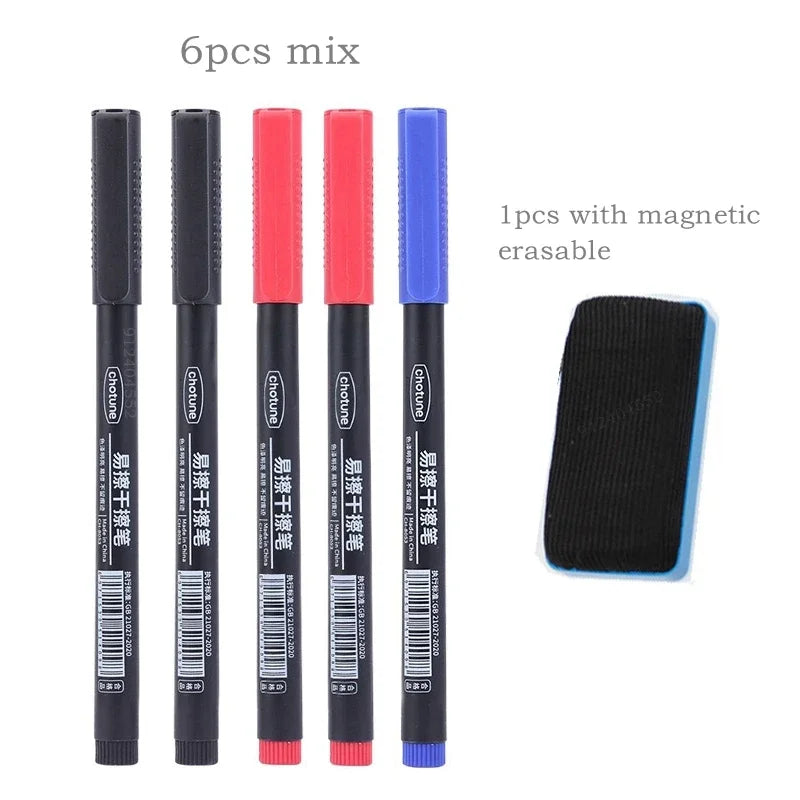 8pcs Erasable Whiteboard Pen 0.5mm Fine Point Black/Blue/Red Ink Blackboard Marker School Office Art Writing Stationery