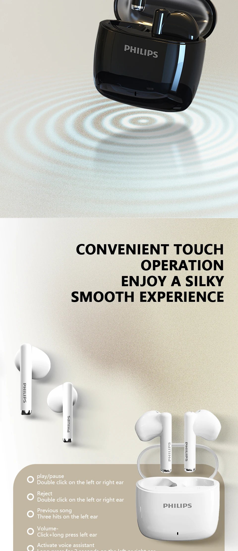 PHILIPS TAT2420 Semi-in-ear Wireless Bluetooth Earphones HIFI Sound Quality Call Noise Reduction Mini Portable Music Headset