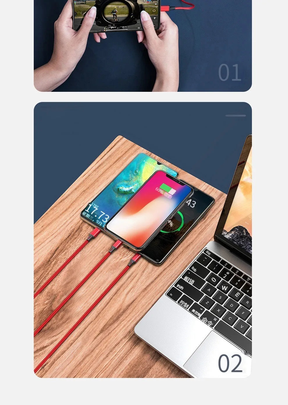 2.4A Braided One Drag Three USB-A For Apple Android Type-c/USB-C Fast Charging Cable 1.2m 3in1 Black Silver Red Blue Golden
