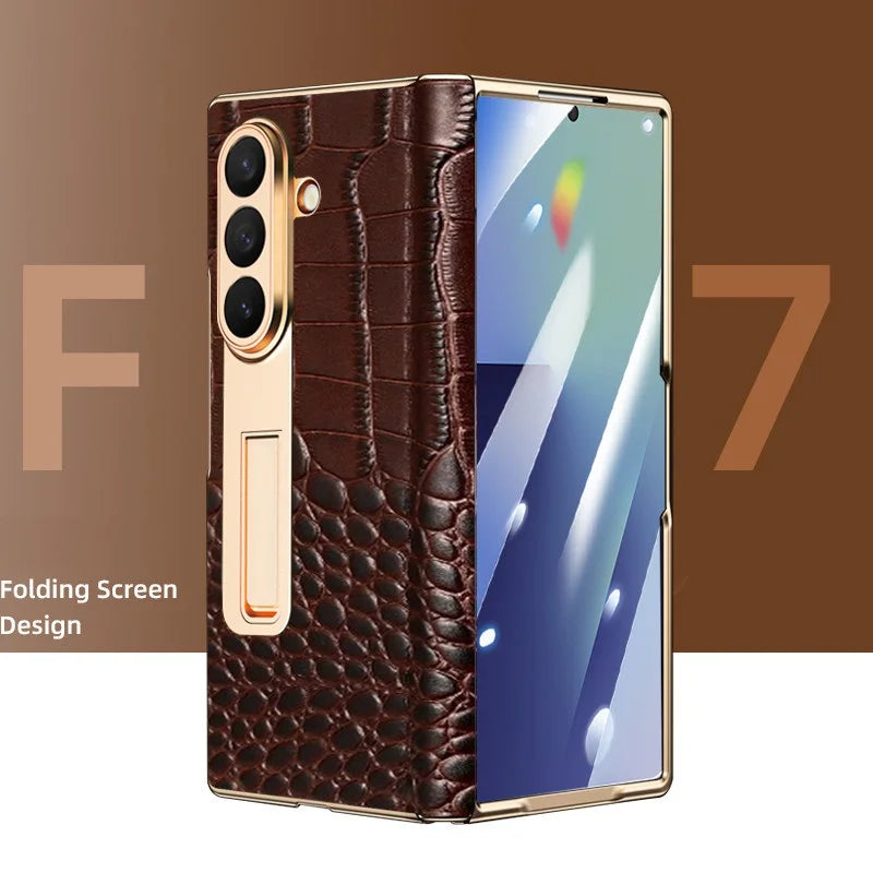 Luxury Leather Cover For Samsung Z Fold 7 6 5 Case Plating Stand Hinge Front Glass Screen