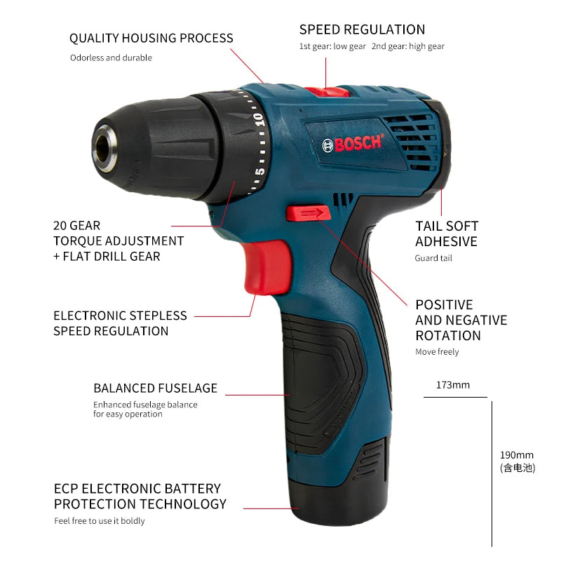 Bosch-GSR120-LI Professional Cordless Electric Hand Drill, Multi-Function Screwdriver, Power Tools, Home Screwdriver
