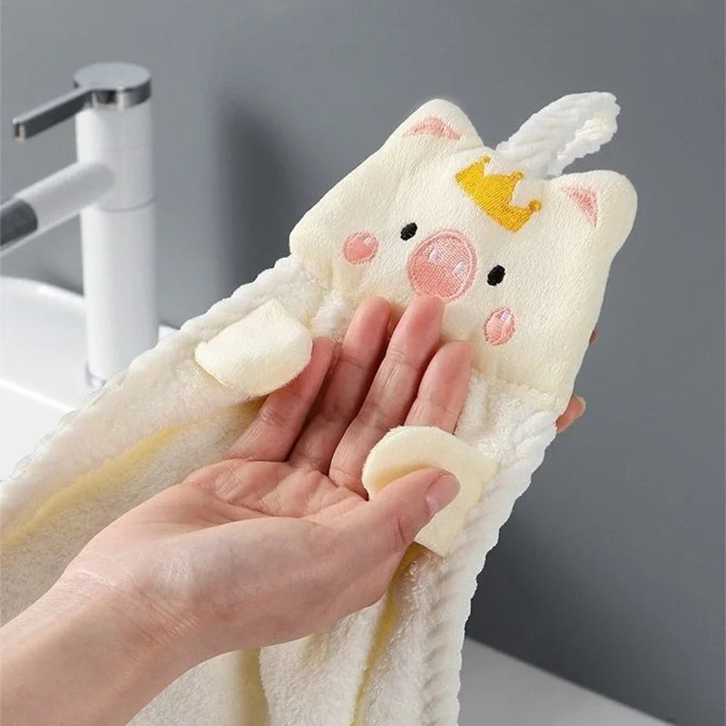 Soft Coral Velvet Hanging Towel with Adorable Piggy Embroidery for Bathroom Kitchen Dishwashing Handkerchief Cloth