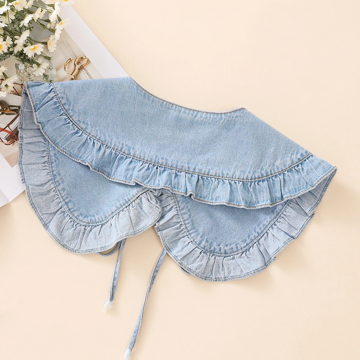 Women's Washed Denim Shawl Collar with Pleated Lace and Fashionable Fake Collar