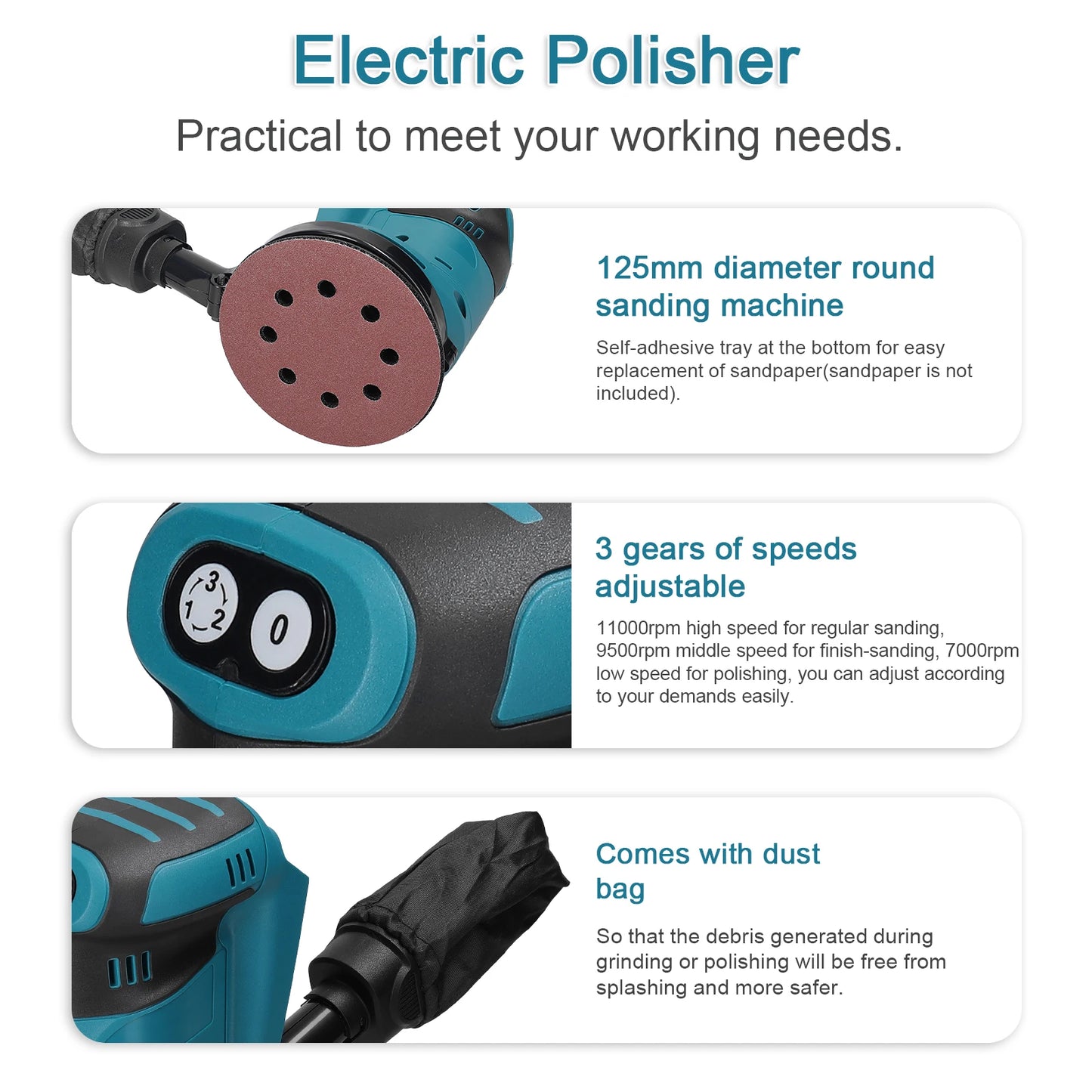 125mm Brush Motor Cordless Orbital Sander Wood Grinder Electric Polisher Waxing Grinding Sanding Machine for Makita 18V Battery