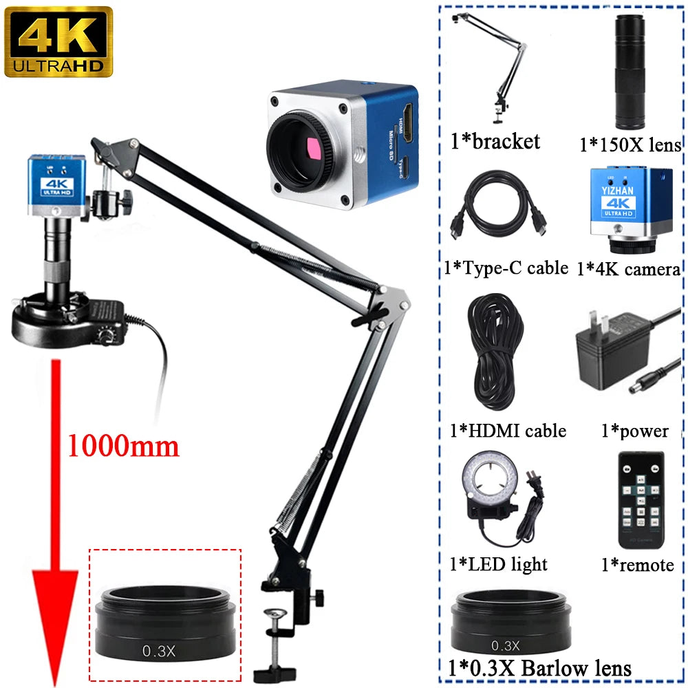 YIZHAN 4K UHD Digital Microscope 60MP Industrial Microscope 150X Lens 0.3X 0.5X 2X OBL for PCB Soldering/Jewelry Repair/Dentist