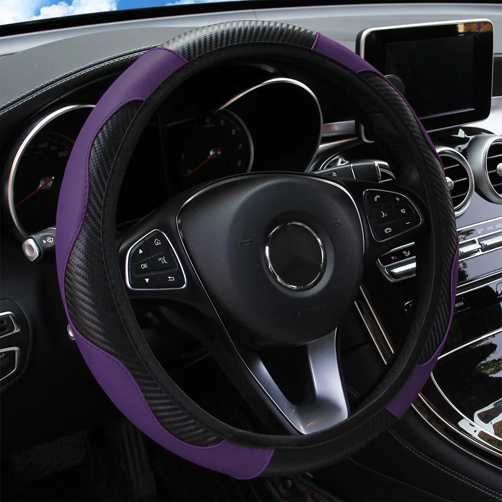 PU Carbon Fiber Leather Car Steering Wheel Cover Without Inner Ring Universal Suitable for 14.5-15 Inches of Automotive Supplies
