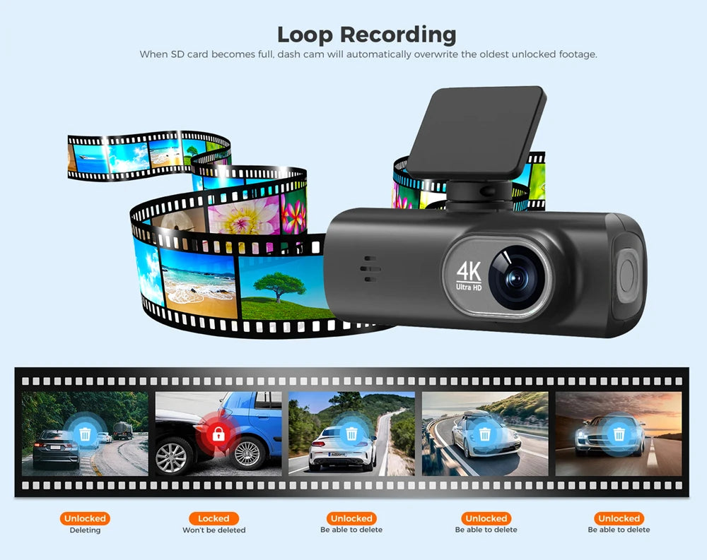 UHD 4K Dash Cam Dual Lens Driving Recorder Car DVR 1080P Rear Lens Camera Built-In WiFi GPS 24-Hour Parking Monitoring Black Box