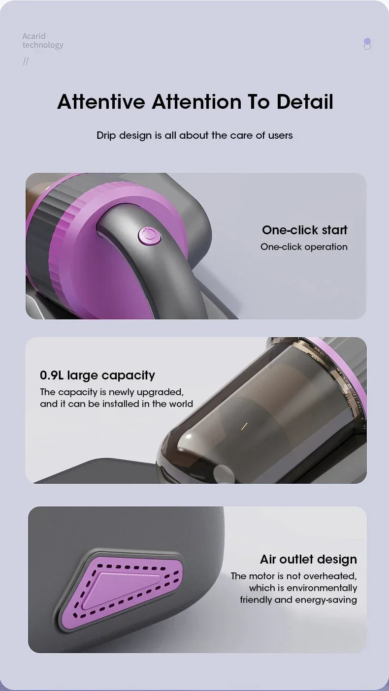 Portable 15Kpa Mite Remover Wireless Handheld Home Ultraviolet Sterilization Powerful Suction Vacuum Cleaner for Sofa Mattresses