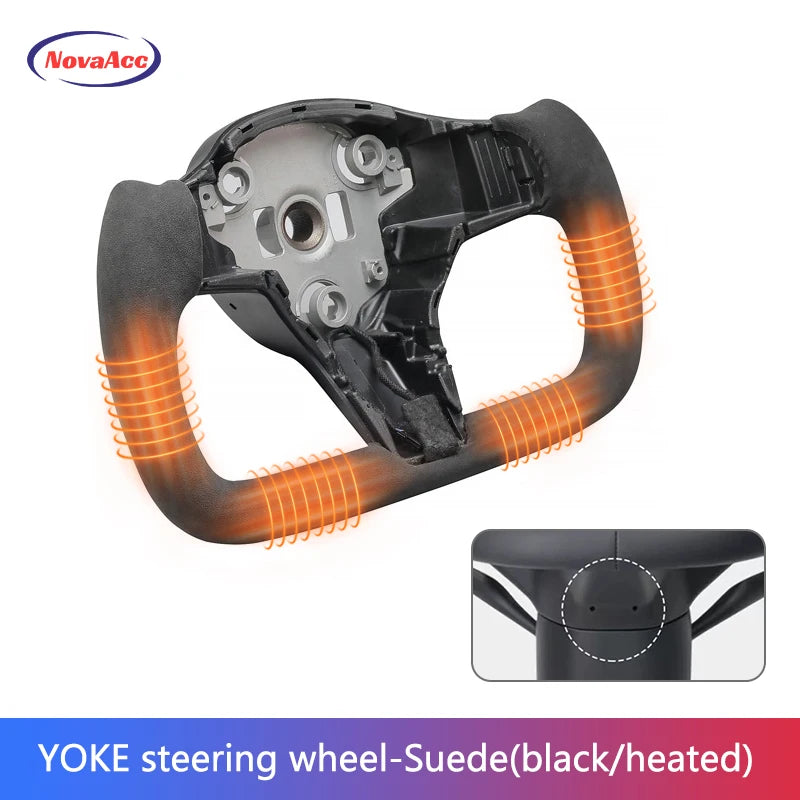 NovaAcc Yoke Steering Wheel For Tesla Model Y 3 2017 2018 2019 2020 2021 2022 2023 Heating Black Nappa Suede Car Accessories