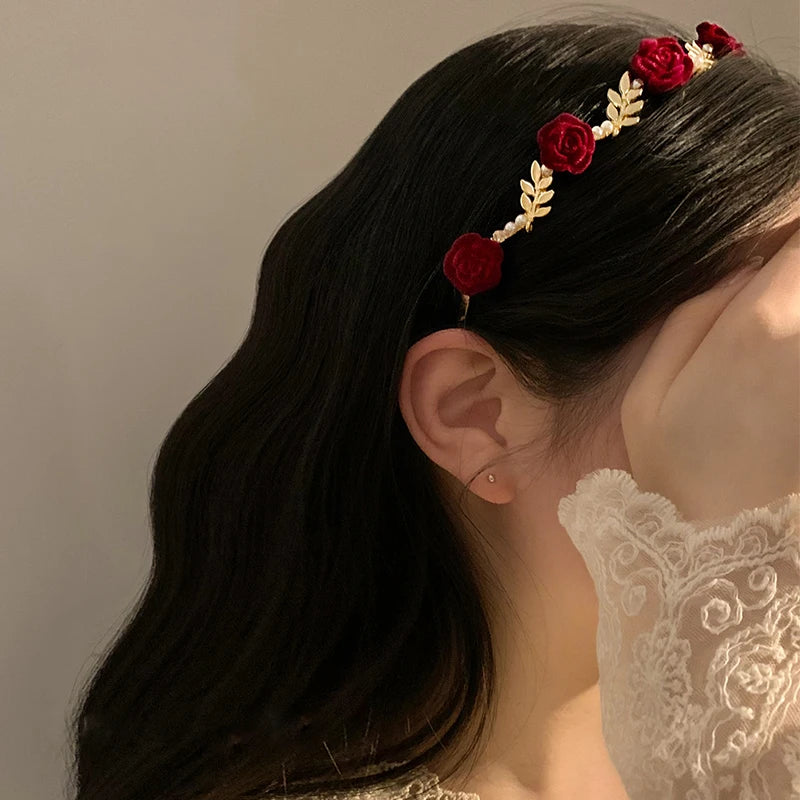 Ladies Elegant Rose Vine Headband Hair Accessories Headdress Girls Vintage Metal Flower Pearl Red Rose Tiara Hairbands