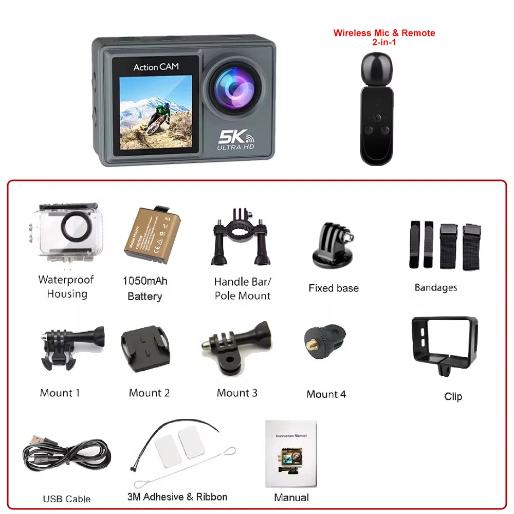 5K Action Camera 4K60FPS Dual IPS Touch LCD WiFi 170° DVR Action Cam 30M Waterproof 5X Zoom Sports Camera With Remote Control