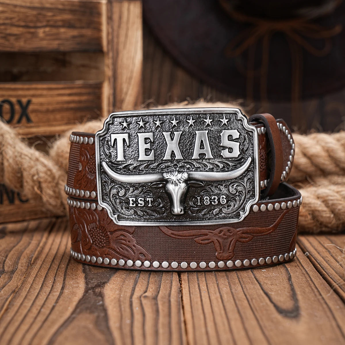 Western Cowboy PU Leather Belt - Men Waist Strap Bull Decoration Floral Engraved for Jeans